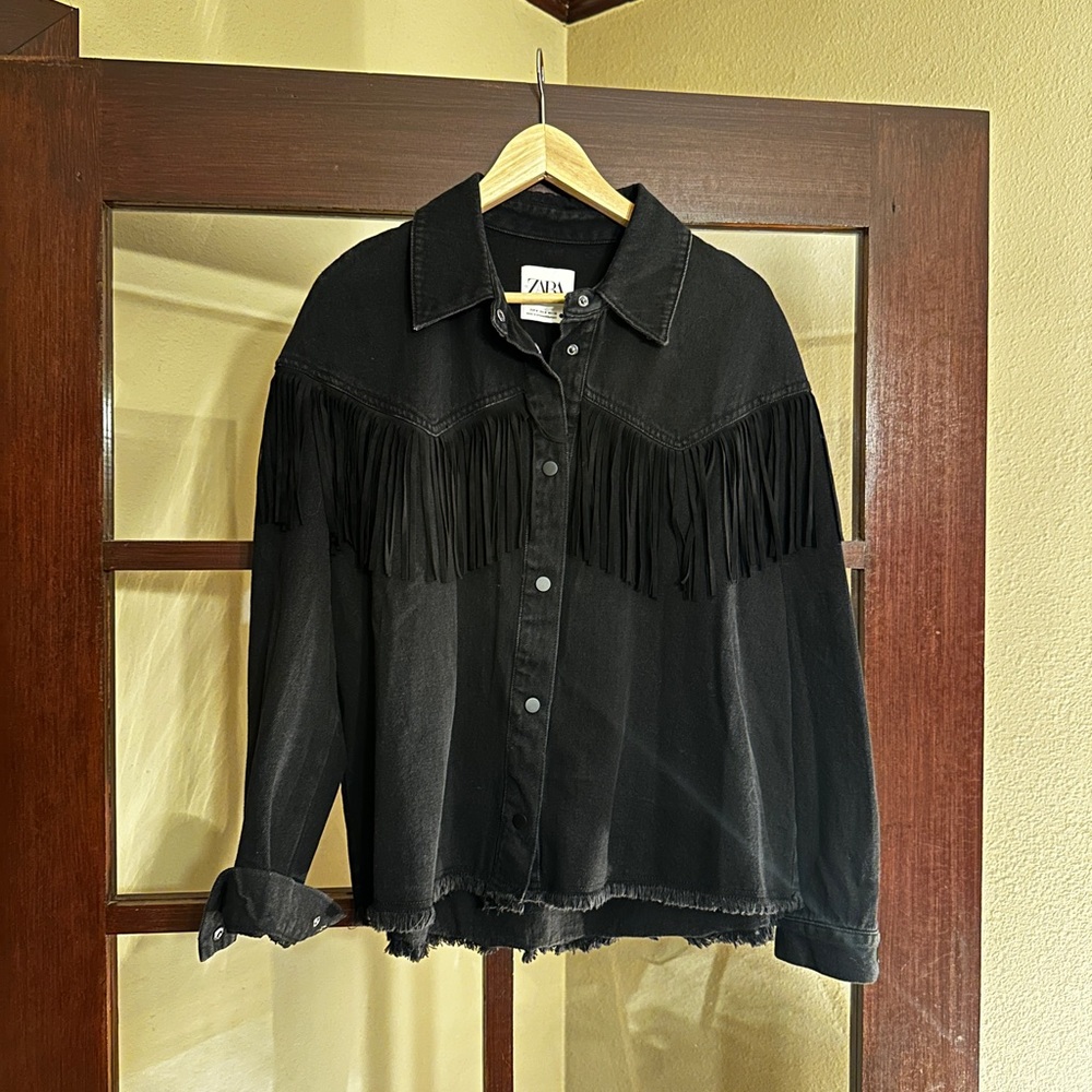 Zara Black Fringe Button-Front Jean Jacket